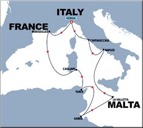 Tunis, Malta & Italy Cruise Route Map